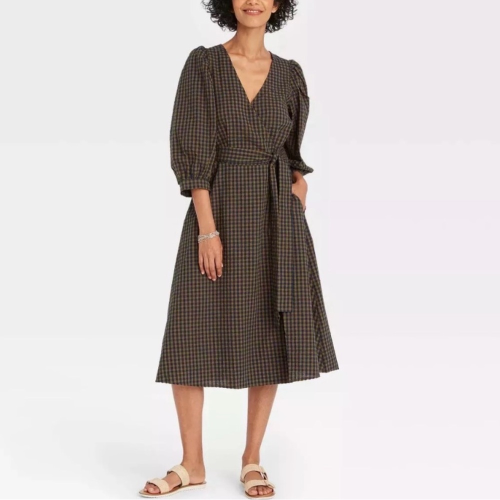 👗 A NEW DAY - Midi dress, mustard yellow & blue plaid. Size Small.
